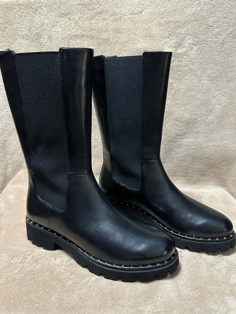 NWT - Steve Madden Black Leather Lug Sole Studded Mid-Calf Chelsea Boots, Size 9